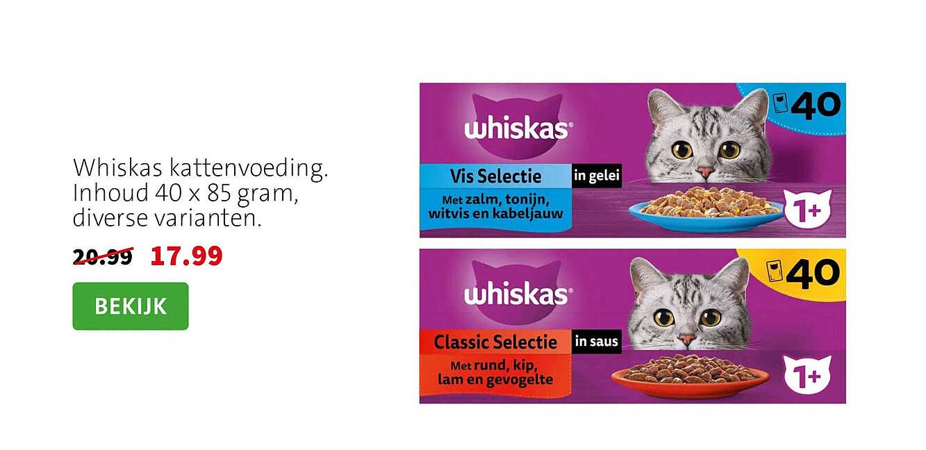 Whiskas kattenvoeding. Inhoud 40 x 85 gram, diverse varianten.