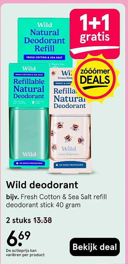 Wild deodorant bijv. Fresh Cotton & Sea Salt refill deodorant stick 40 gram 1+1 gratis