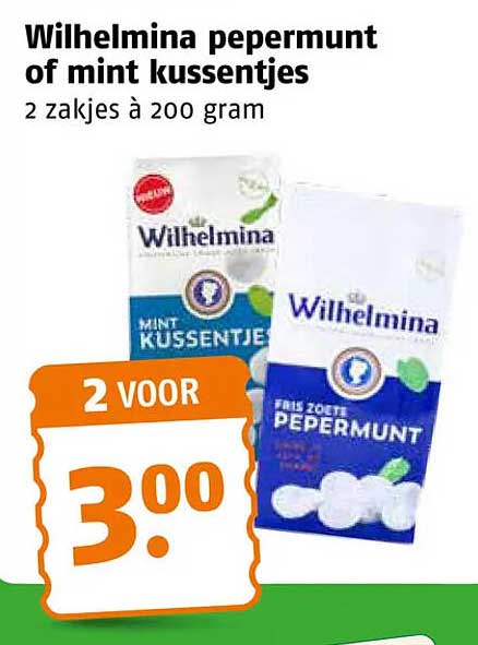 Wilhelmina pepermunt of mint kussentjes 2 zakjes à 200 gram 2 VOOR