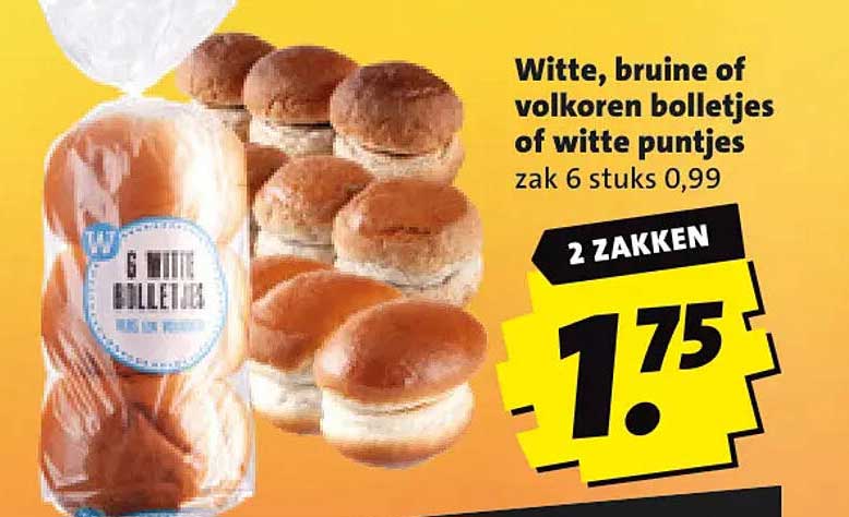 Witte, bruine of volkoren bolletjes of witte puntjes zak 6 stuks