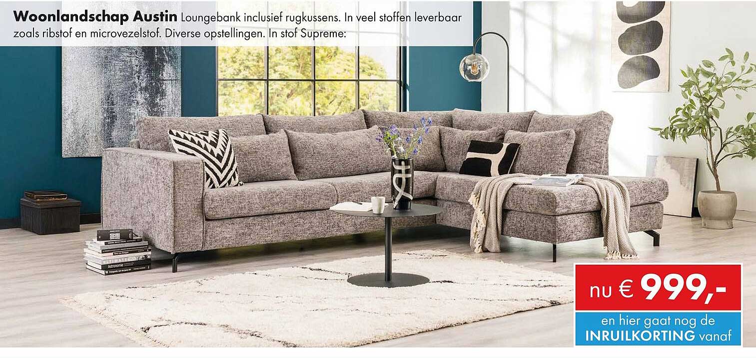 Woonlandschap Austin Loungebank inclusief rugkussens. In veel stoffen leverbaar zoals ribstof en microvezelstof. Diverse opstellingen. In stof Supreme: