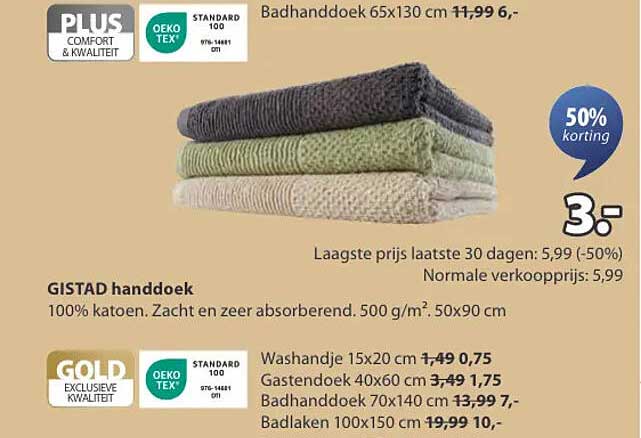 GISTAD handdoek 50x90 cm voor 3,-