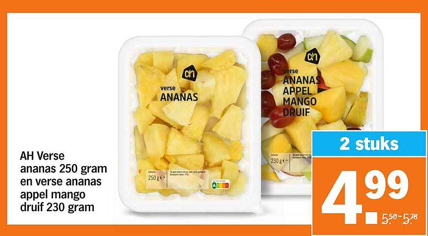 AH Verse ananas 250 gram en verse ananas appel mango druif 230 gram