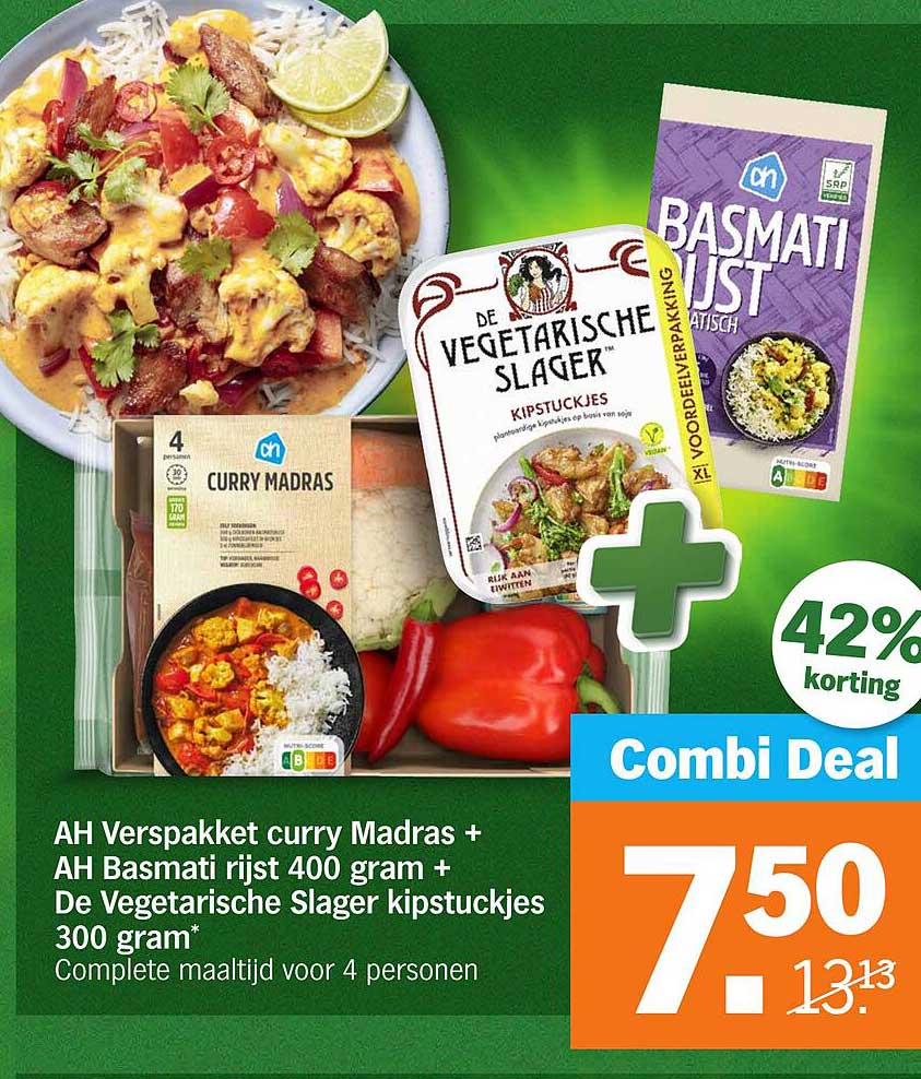 AH Verspakket curry Madras + AH Basmati rijst 400 gram + De Vegetarische Slager kipstukjes 300 gram*