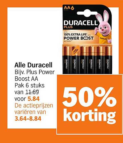 Alle Duracell Bijv. Plus Power Boost AA Pak 6 stuks van 11.69 voor 5.84