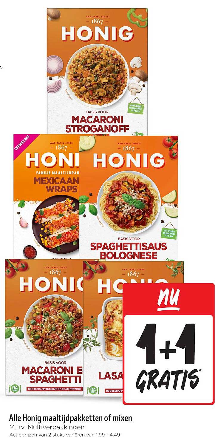 Alle Honig maaltijdpakketten of mixen M.u.v. Multiverpakkingen