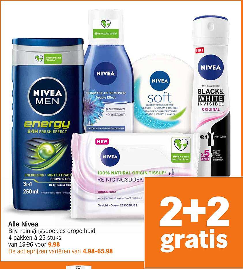 Alle Nivea Bijv. reinigingsdoekjes droge huid 4 pakken à 25 stuks van 19.96 voor 9.98