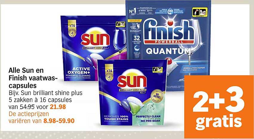 Alle Sun en Finish vaatwascapsules Bijv. Sun brilliant shine plus 5 zakken à 16 capsules van 54.95 voor 21.98 De actieprijzen variëren van 8.98-59.90