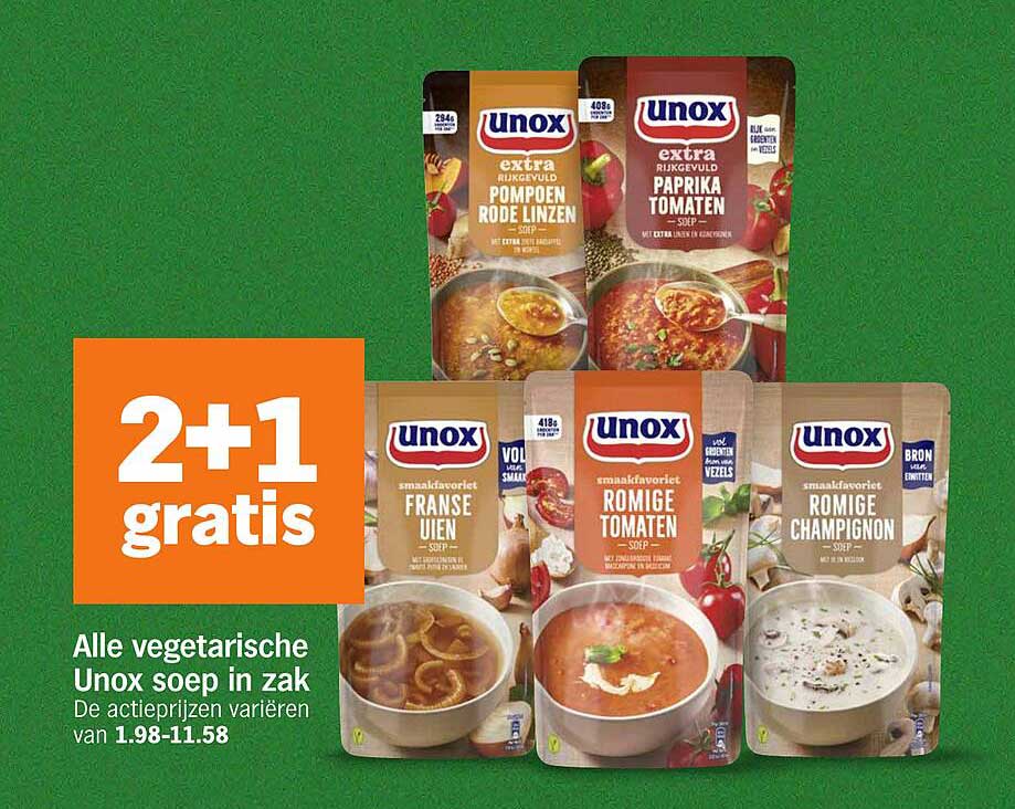 Alle vegetarische Unox soep in zak: 2+1 gratis
