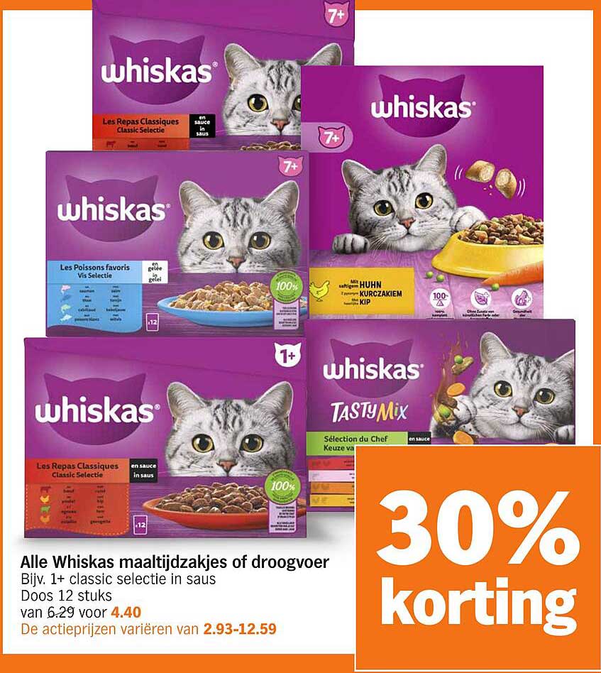 Alle Whiskas maaltijdzakjes of droogvoer Bijv. 1+ classic selectie in saus Doos 12 stuks