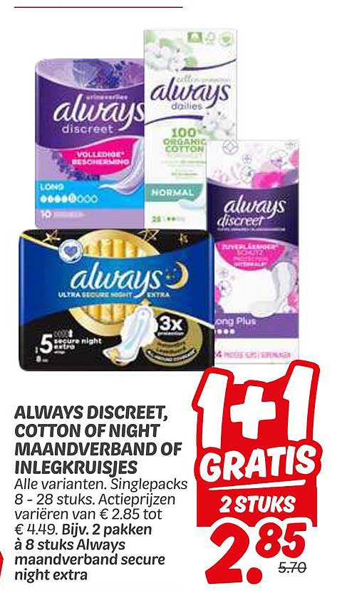 ALWAYS DISCREET, COTTON OF NIGHT MAANDVERBAND OF INLEGKRUISJES 1+1 GRATIS