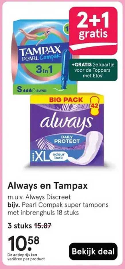 Always en Tampax m.u.v. Always Discreet bijv. Pearl Compak super tampons met inbrenghuls 18 stuks