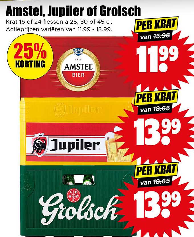 Amstel, Jupiler of Grolsch - Krat 16 van 24 flessen à 25, 30 of 45 cl.