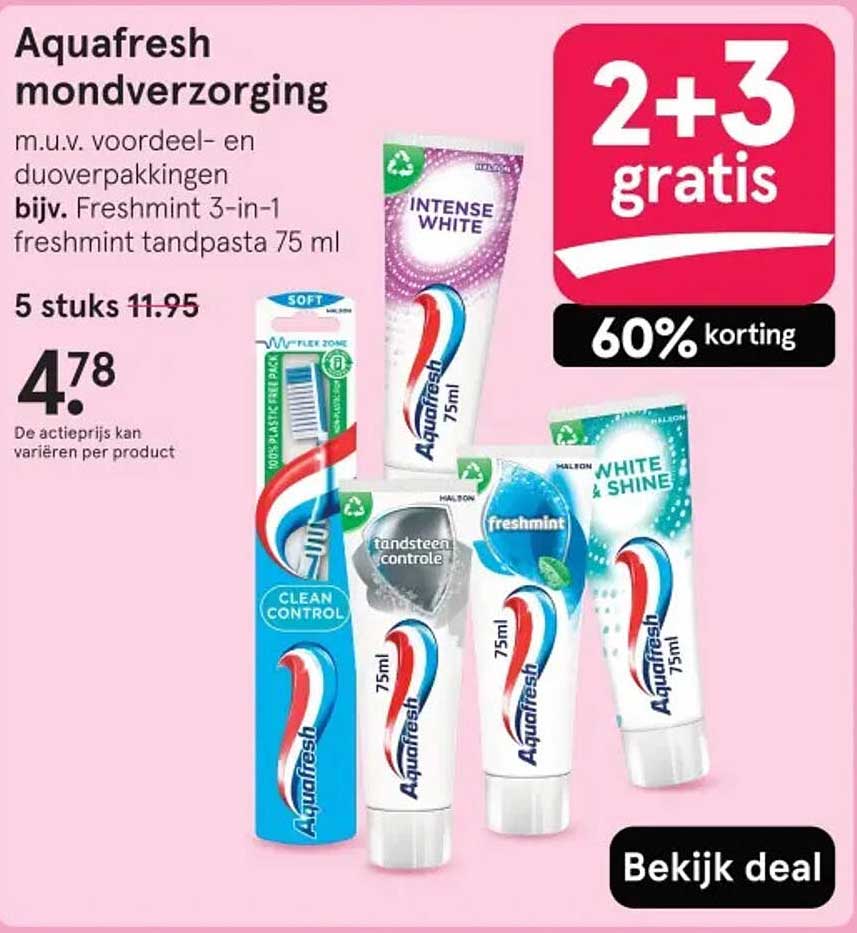 Aquafresh mondverzorging m.u.v. voordeel- en duoverpakkingen bijv. Freshmint 3-in-1 freshmint tandpasta 75 ml