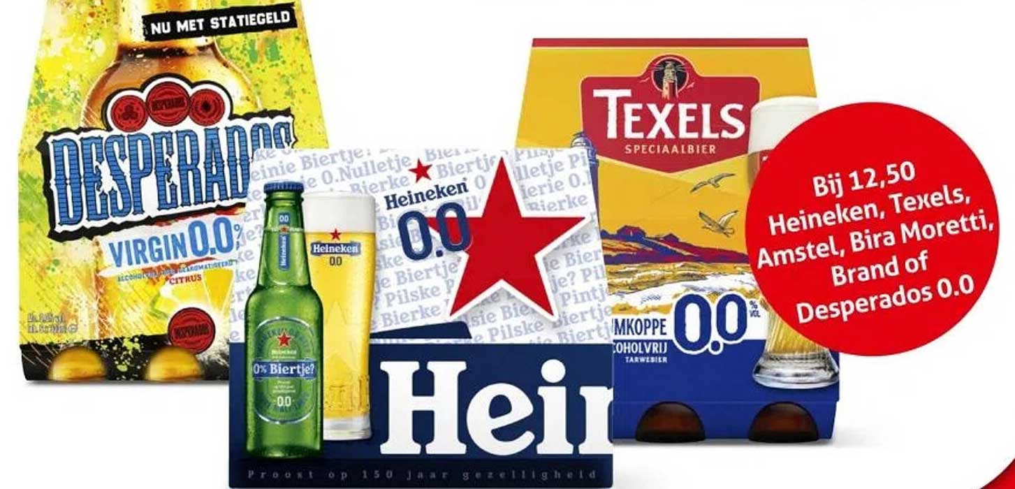 Bij 12,50 Heineken, Texels, Amstel, Bira Moretti, Brand of Desperados 0.0