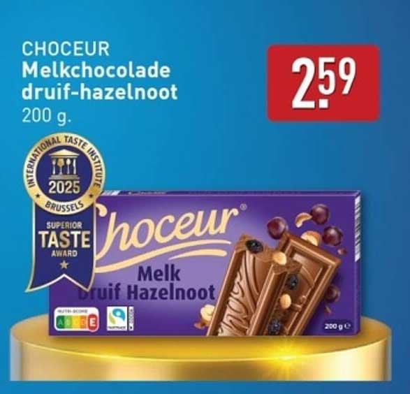 CHOCEUR Melkchocolade druif-hazelnoot 200 g.