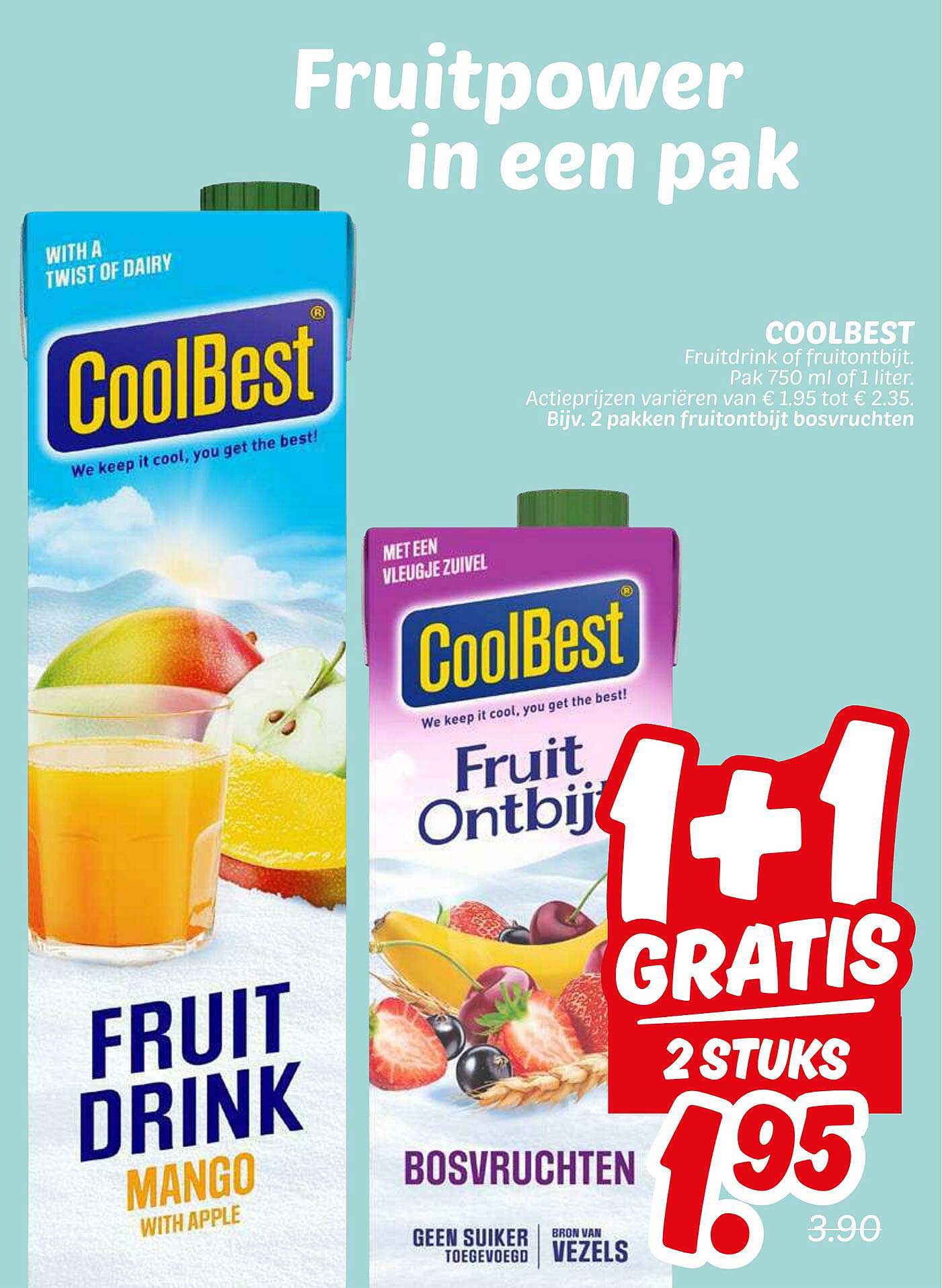 CoolBest Fruitdrink of fruitontbijt, Pak 750 ml of 1 liter.