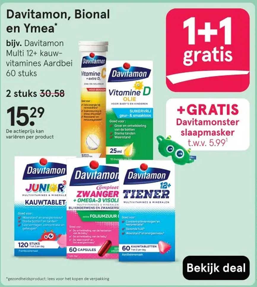 Davitamon, Bional en Ymea* bijv. Davitamon Multi 12+ kauwvitamines Aardbei 60 stuks