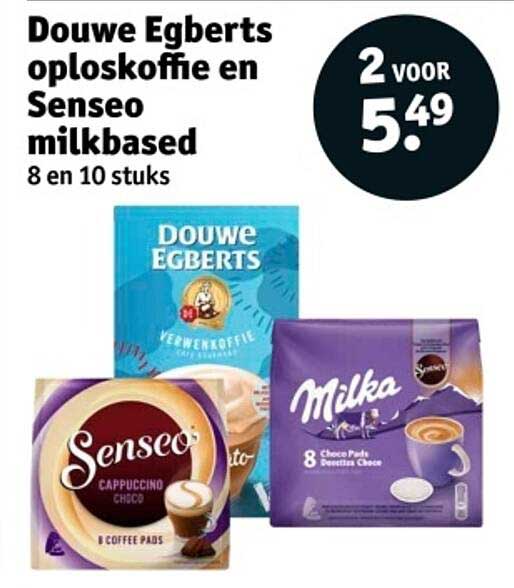 Douwe Egberts oploskoffie en Senseo milkbased 8 en 10 stuks