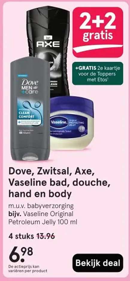 Dove, Zwitsal, Axe, Vaseline bad, douche, hand en body