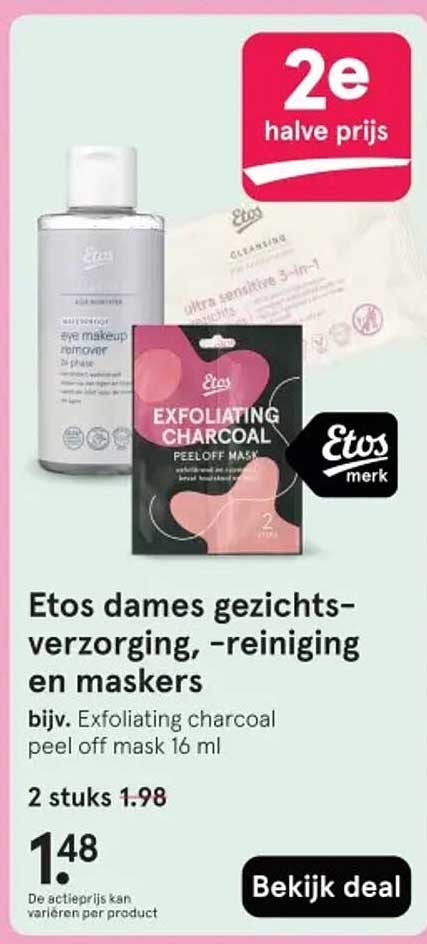 Etos dames gezichtsverzorging, -reinigen en maskers bijv. Exfoliating charcoal peel off mask 16 ml