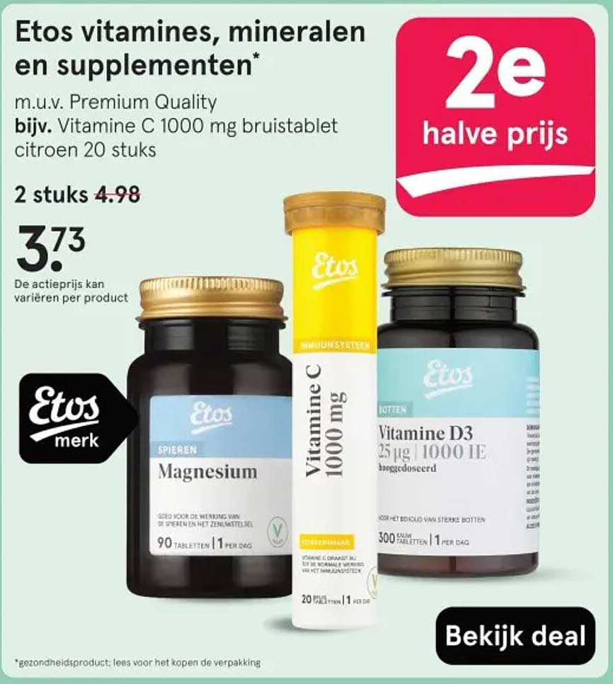 Etos vitamines, mineralen en supplementen* m.u.v. Premium Quality bijv. Vitamine C 1000 mg bruistablet citroen 20 stuks