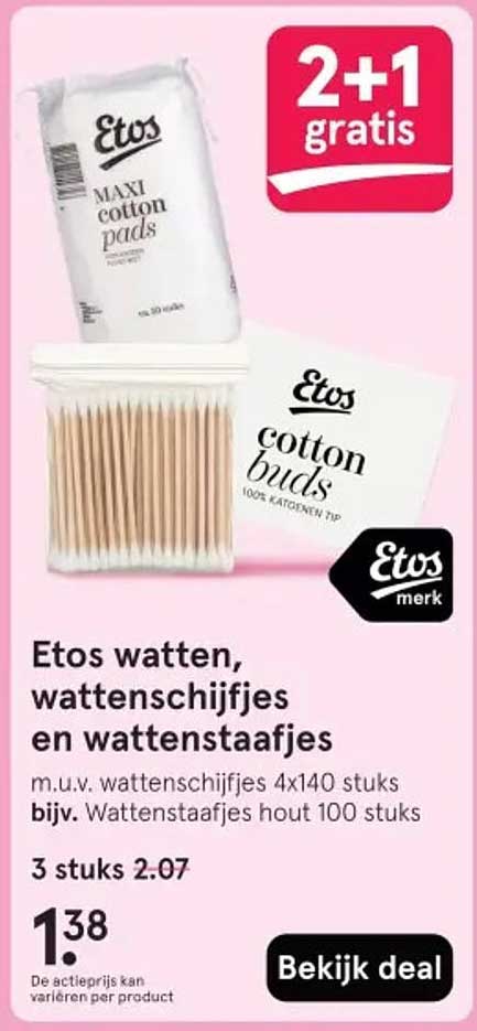 Etos watten, wattenstaafjes en watten schijfjes m.u.v. watten schijfjes 4x140 stuks bijv. wattenstaafjes hout 100 stuks
