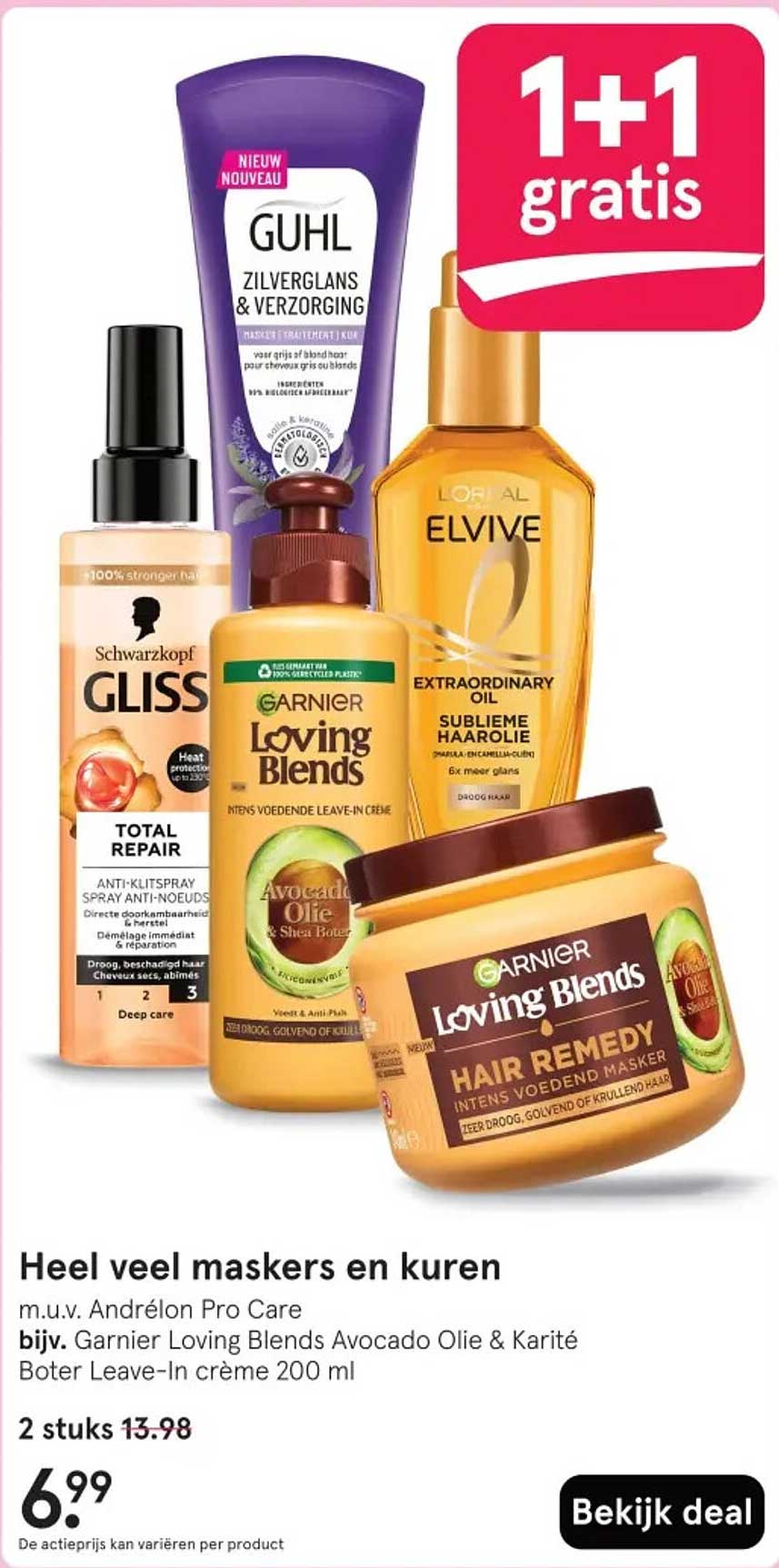 Heel veel maskers en kuren m.u.v. Andrélon Pro Care bijv. Garnier Loving Blends Avocado Olie & Karité Boter Leave-In crème 200 ml