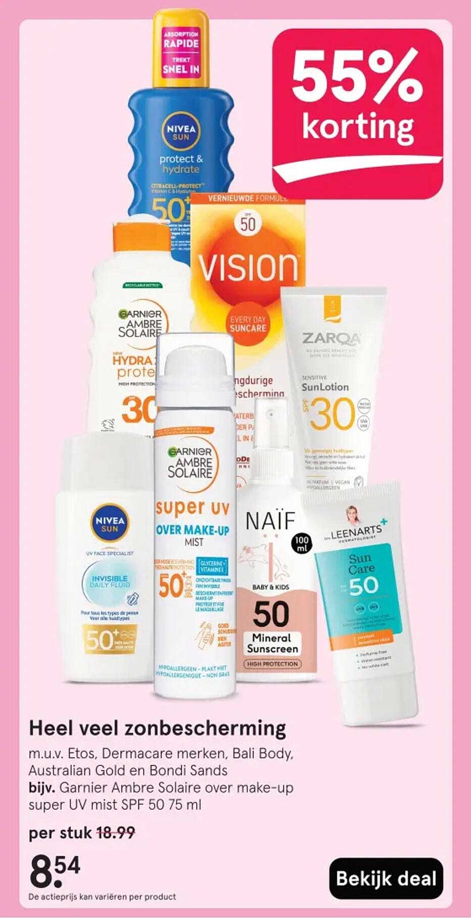 Heel veel zonbescherming m.u.v. Etos, Dermacare merken, Bali Body, Australian Gold en Bondi Sands bijv. Garnier Ambre Solaire over make-up super UV mist SPF 50 75 ml