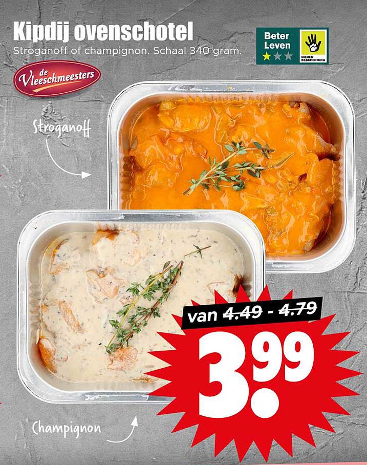 Kipdij ovenschotel Stroganoff of champignon. Schaal 340 gram.