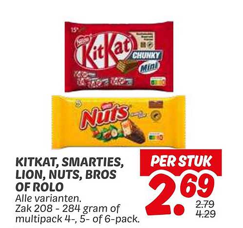 KITKAT, SMARTIES, LION, NUTS, BROS OF ROLO PER STUK