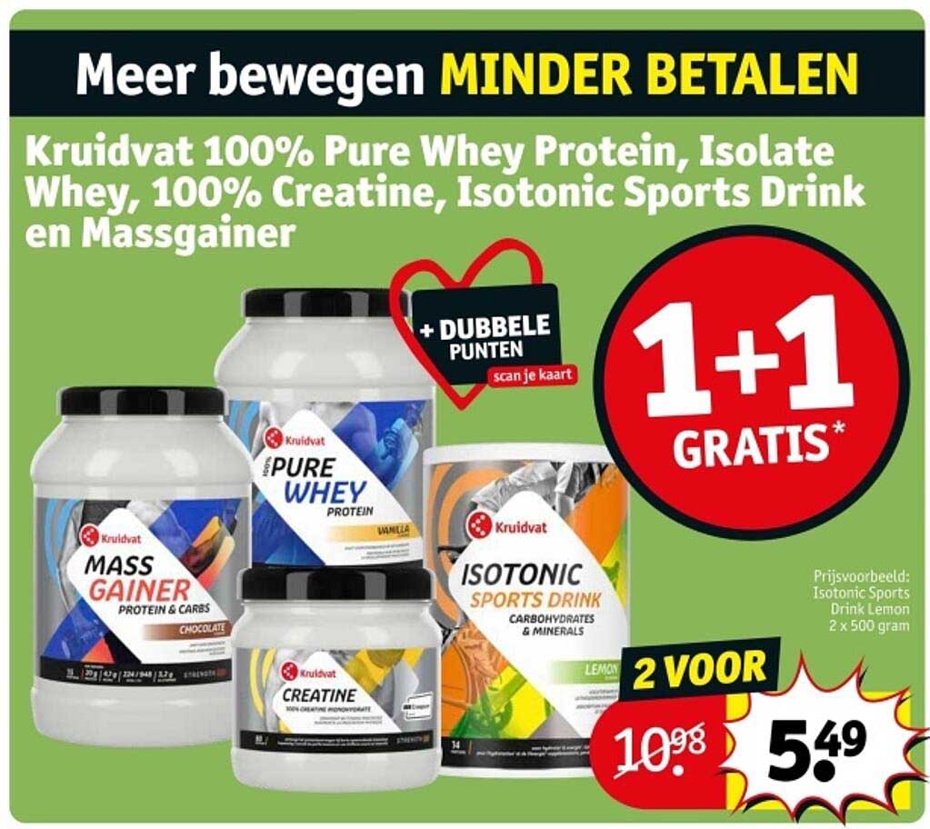 Kruidvat 100% Pure Whey Protein, Isolate Whey, 100% Creatine, Isotonic Sports Drink en Massgainer