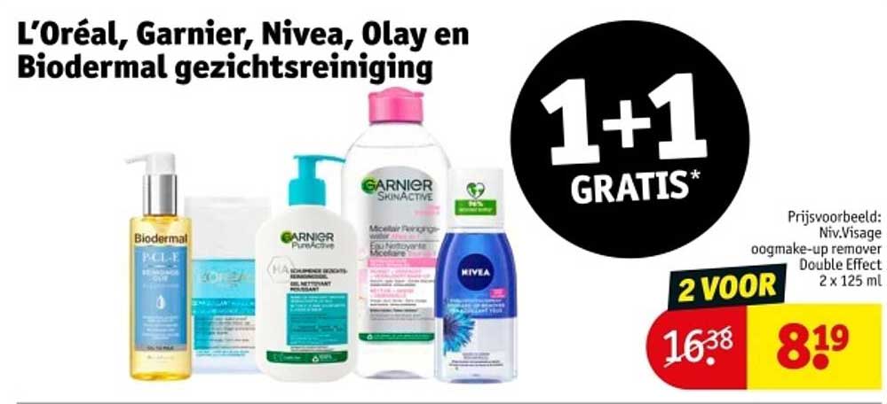 L’Oréal, Garnier, Nivea, Olay en Biodermal gezichtsreiniging 1+1 GRATIS