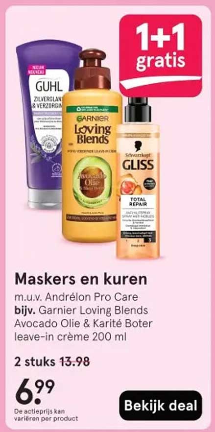 Maskers en kuren m.u.v. Andrélon Pro Care bijv. Garnier Loving Blends Avocado Olie & Karité Boter leave-in crème 200 ml