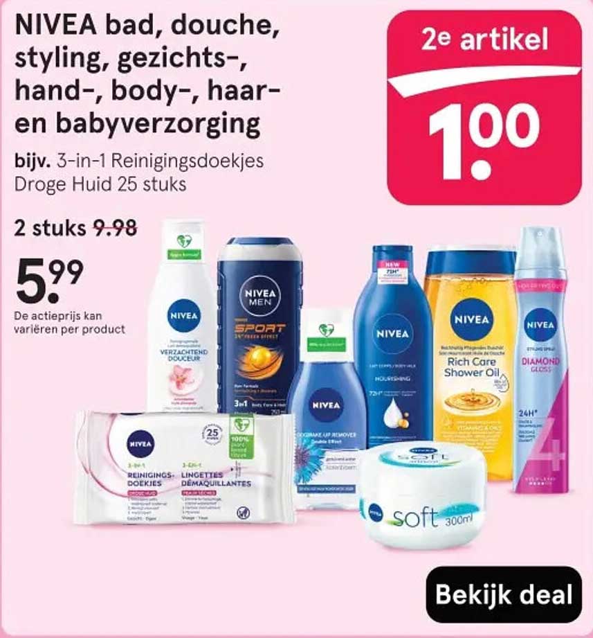 NIVEA bad, douche, styling, gezichts-, hand-, body-, haar- en babyverzorging bijv. 3-in-1 Reinigingsdoekjes Droge Huid 25 stuks
