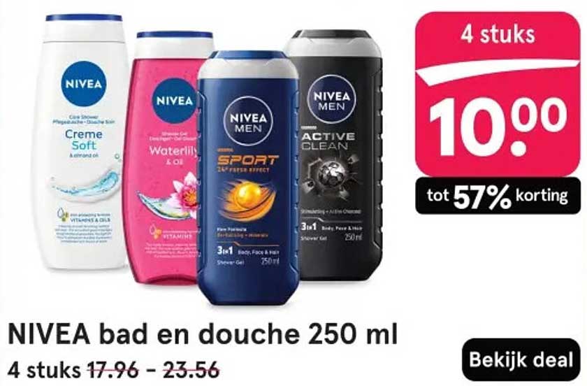 NIVEA bad en douche 250 ml - 4 stuks voor 10,00