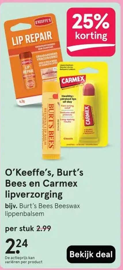O'Keeffe's, Burt's Bees en Carmex lipverzorging bijv. Burt's Bees Beeswax lippenbalsem