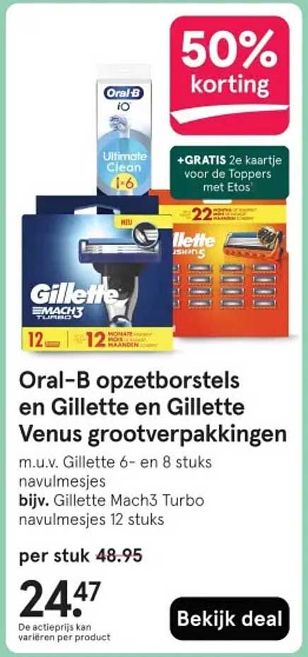 Oral-B opzetborstels en Gillette en Gillette Venus grootverpakkingen m.u.v. Gillette 6- en 8 stuks navulmesjes bijv. Gillette Mach3 Turbo navulmesjes 12 stuks
