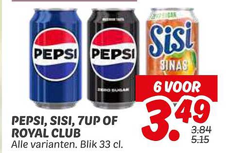 PEPSI, SISI, 7UP OF ROYAL CLUB - 6 VOOR 3,49