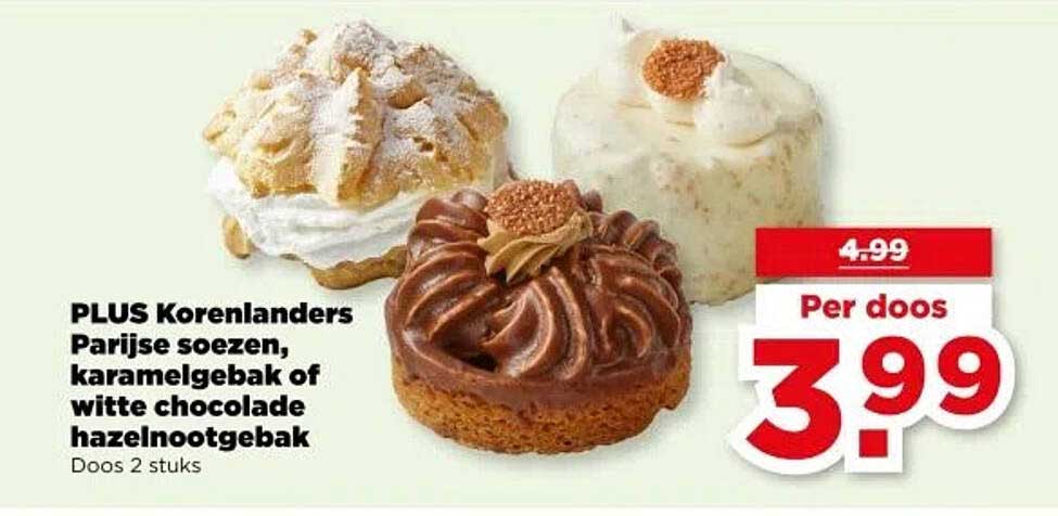 PLUS Korenlanders Parijs soezens, karamelgebak of witte chocolade hazelnootgebak