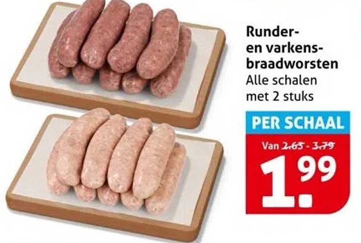 Runder- en varkens-braadworsten Alle schalen met 2 stuks