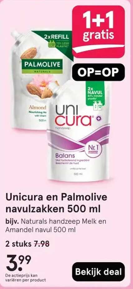 Unicura en Palmolive navulzakken 500 ml