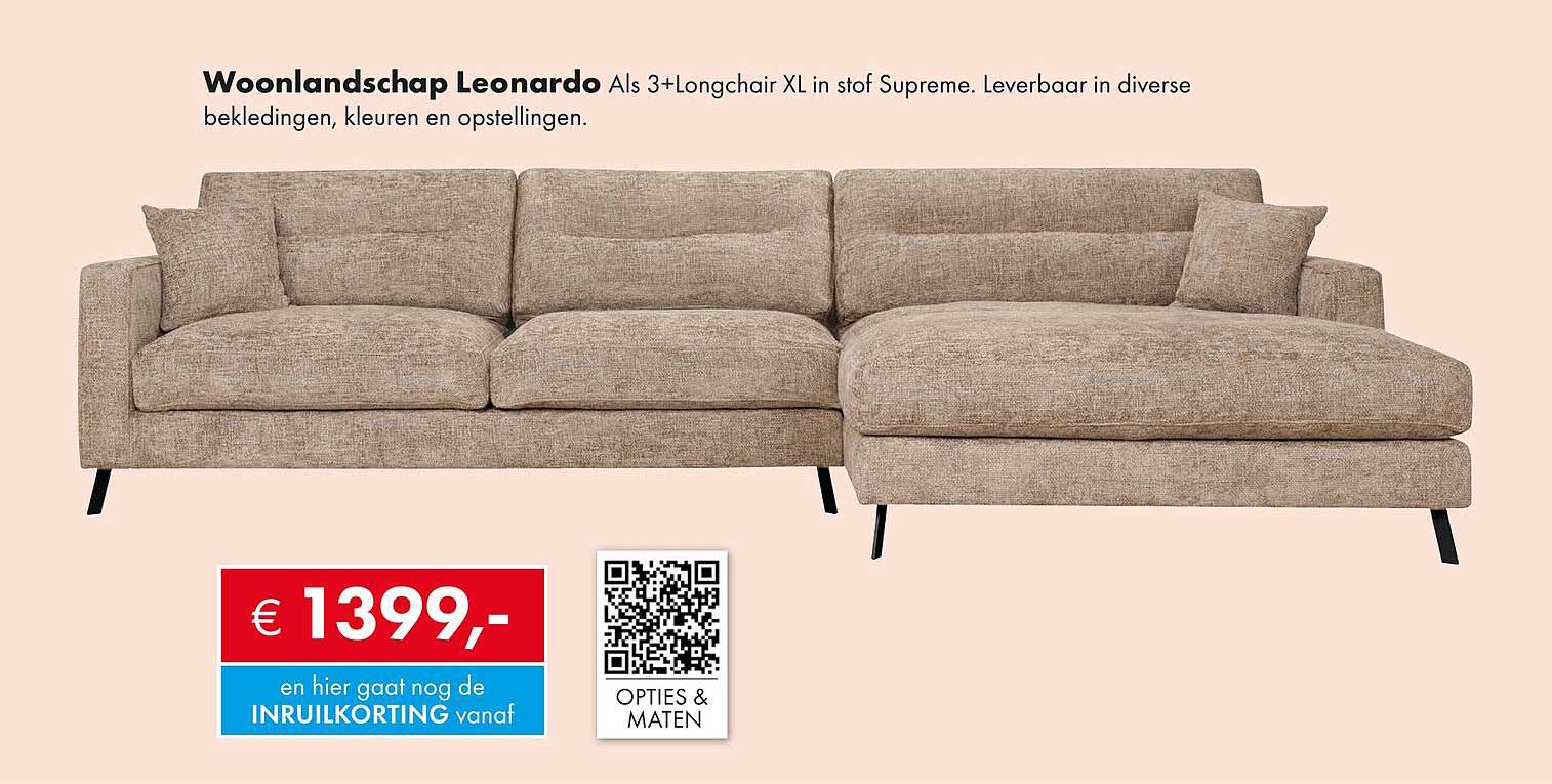 Woonlandschaap Leonardo Als 3+Longchair XL in stof Supreme.