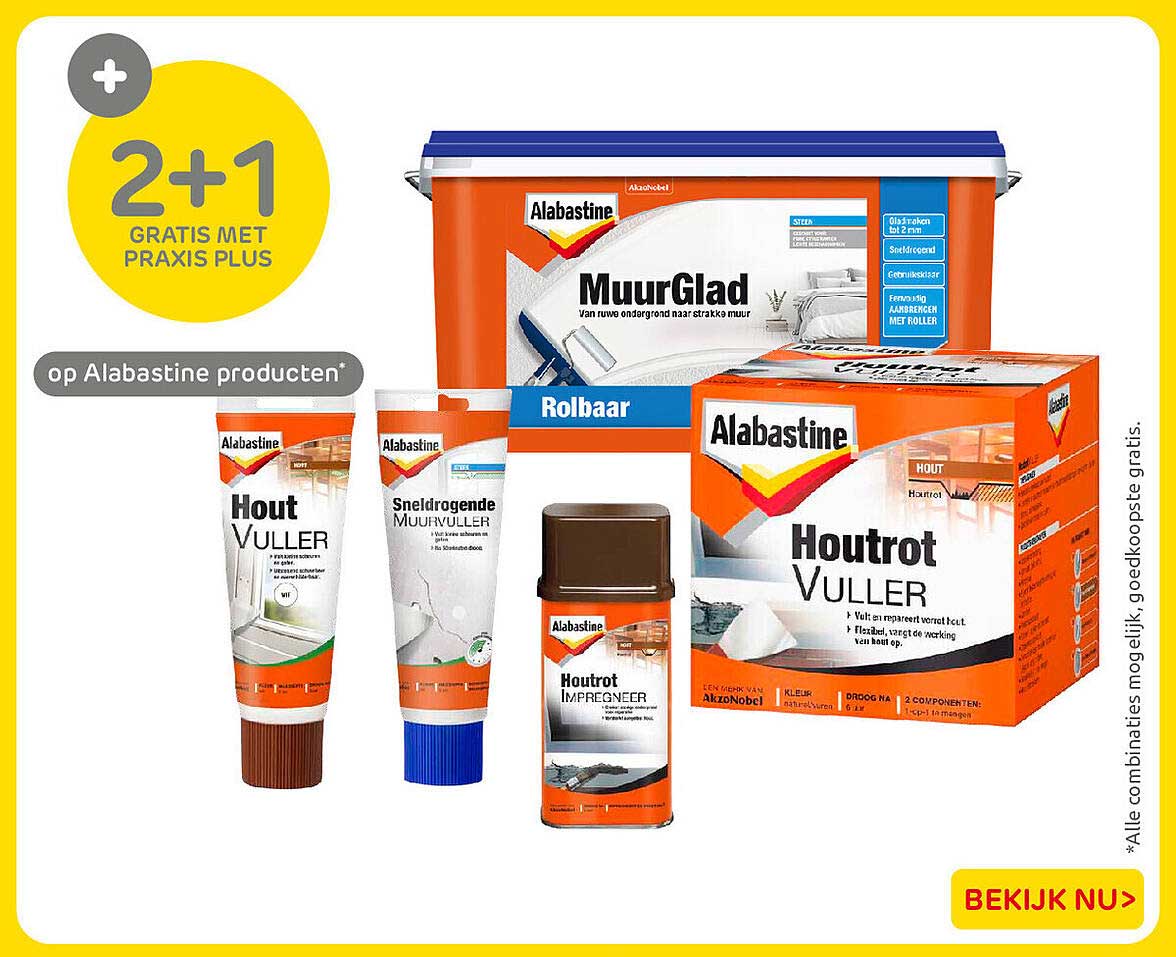 2+1 gratis met Praxis Plus op Alabastine producten*