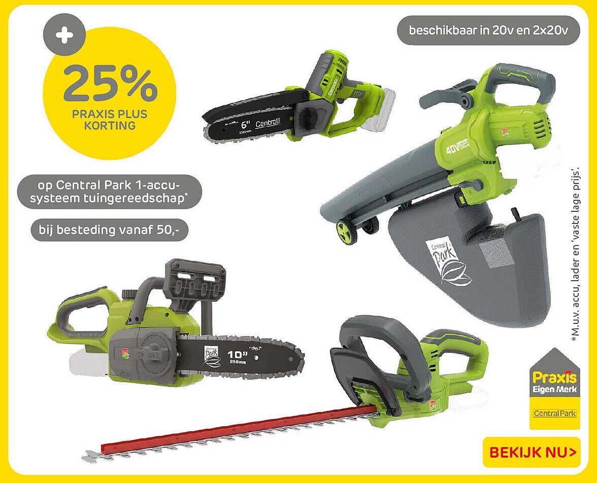 25% Praxis Plus korting op Central Park 1-accu-systeem tuingereedschap