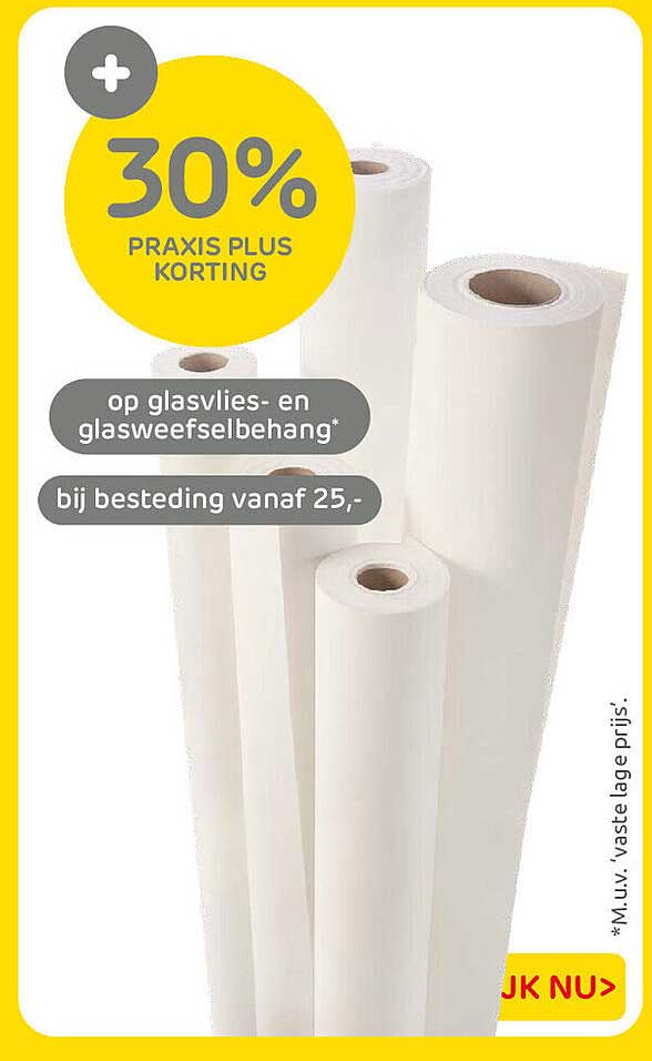 30% Praxis Plus korting op glasvlies- en glasweefselbehang bij besteding vanaf 25,-