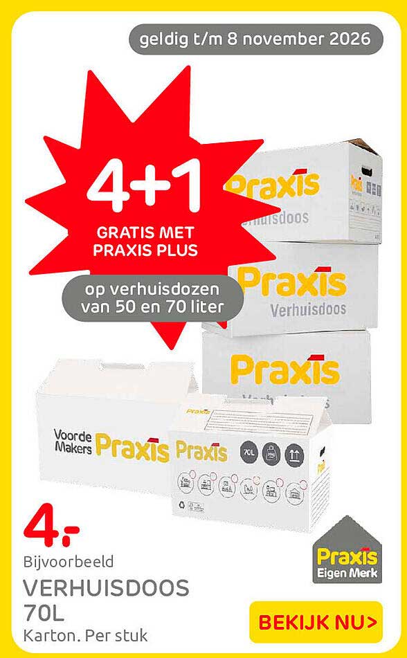 4+1 gratis met Praxis Plus op verhuisdozen van 50 en 70 liter