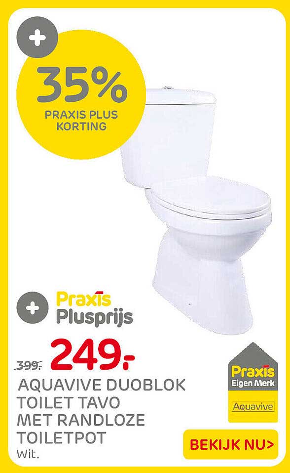 Aquavive Duoblok Toilet Tavo met randloze toiletpot Wit. 35% Praxis Plus korting
