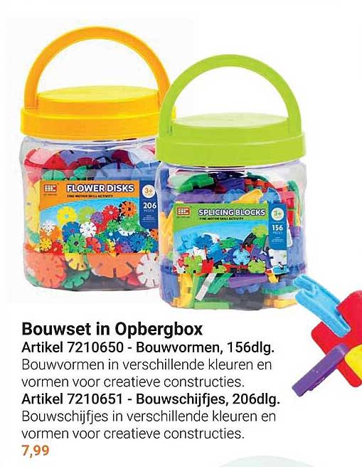Bouwset in Opbergbox Artikel 7210650 - Bouwwormen, 156dlg. Bouwwormen in verschillende kleuren en vormen voor creatieve constructies. Artikel 7210651 - Bouwschijfjes, 206dlg. Bouwschijfjes in verschillende kleuren en vormen voor creatieve constructies.