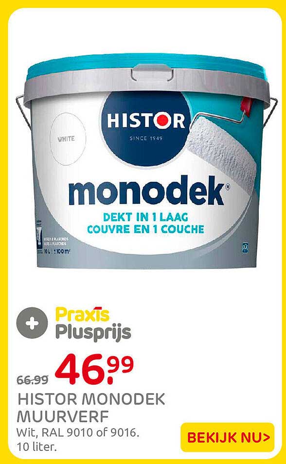 HISTOR MONODEK MUURVERF Wit, RAL 9010 of 9016. 10 liter.